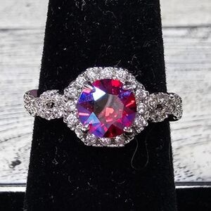 Silver Tone Red AB Coated Glass Rhinestone Halo Ring, Size: 6